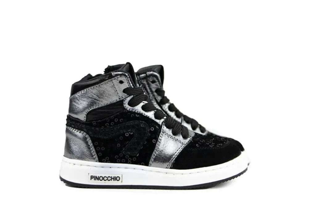 Sneakers^Pinocchio Hoge Sneaker Zwart Zilver